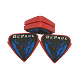 Custom guitar-pick-shaped vibration dampeners with the team logo and college name.
