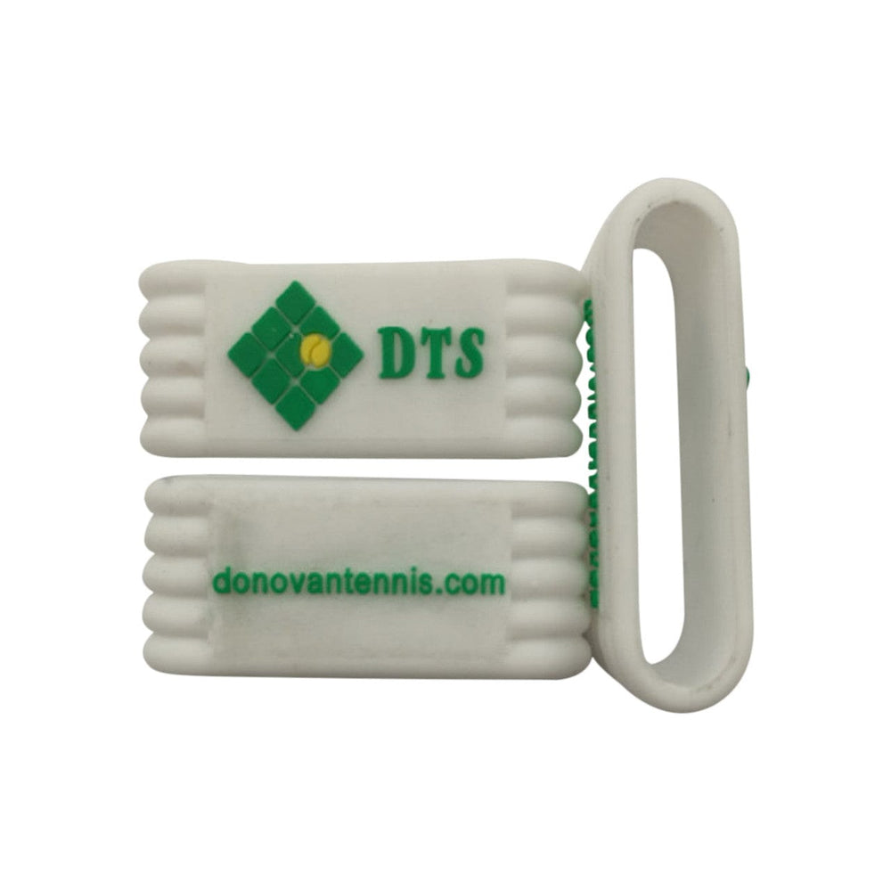 White custom grooved pickleball band with a client logo, name, and website.