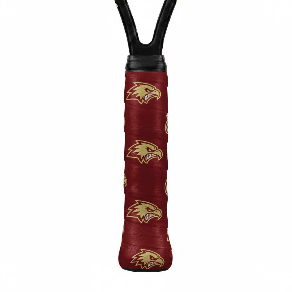Maroon custom tennis overgrip printed with a repeating gold eagle head logo on a racket handle.
