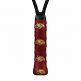 Maroon custom tennis overgrip printed with a repeating gold eagle head logo on a racket handle.
