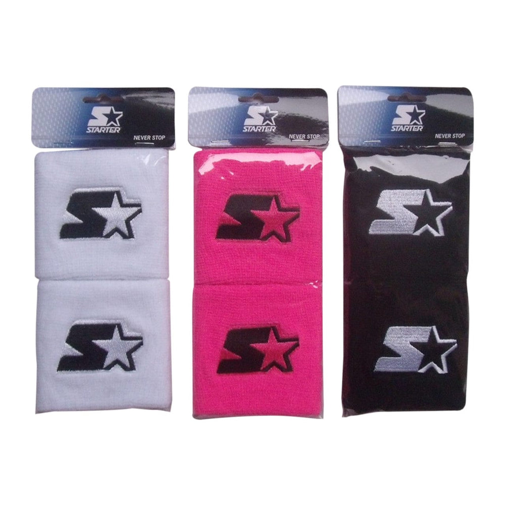 Custom terry cloth wristband pairs in white, pink, and black with embroidered star logos, shown in retail packaging.