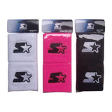 Custom terry cloth wristband pairs in white, pink, and black with embroidered star logos, shown in retail packaging.