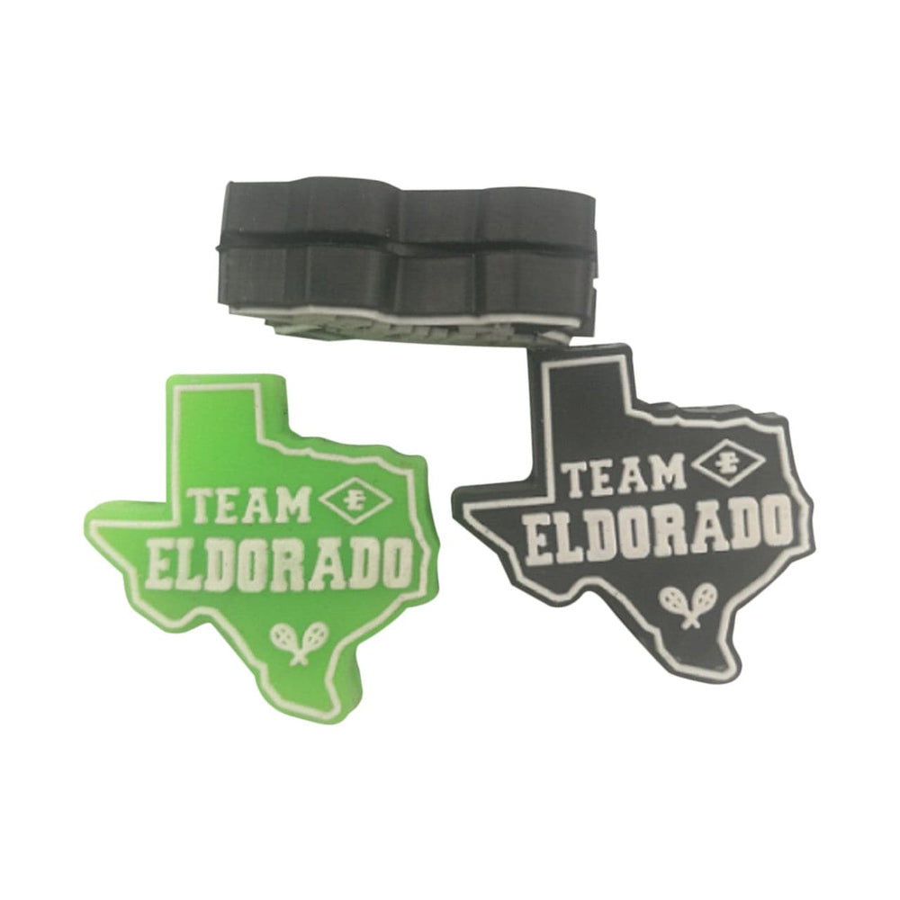 Custom Texas-shaped vibration dampeners with a team name, logo, and tennis racket icon.