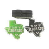 Custom Texas-shaped vibration dampeners with a team name, logo, and tennis racket icon.