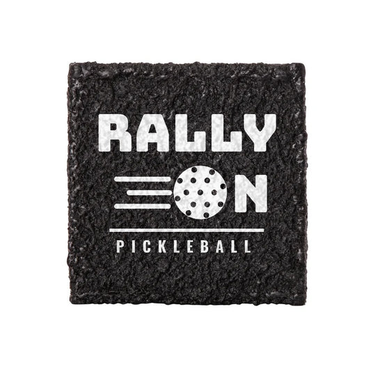 Black custom pickleball paddle eraser printed in white with a "Rally On Pickleball" design.