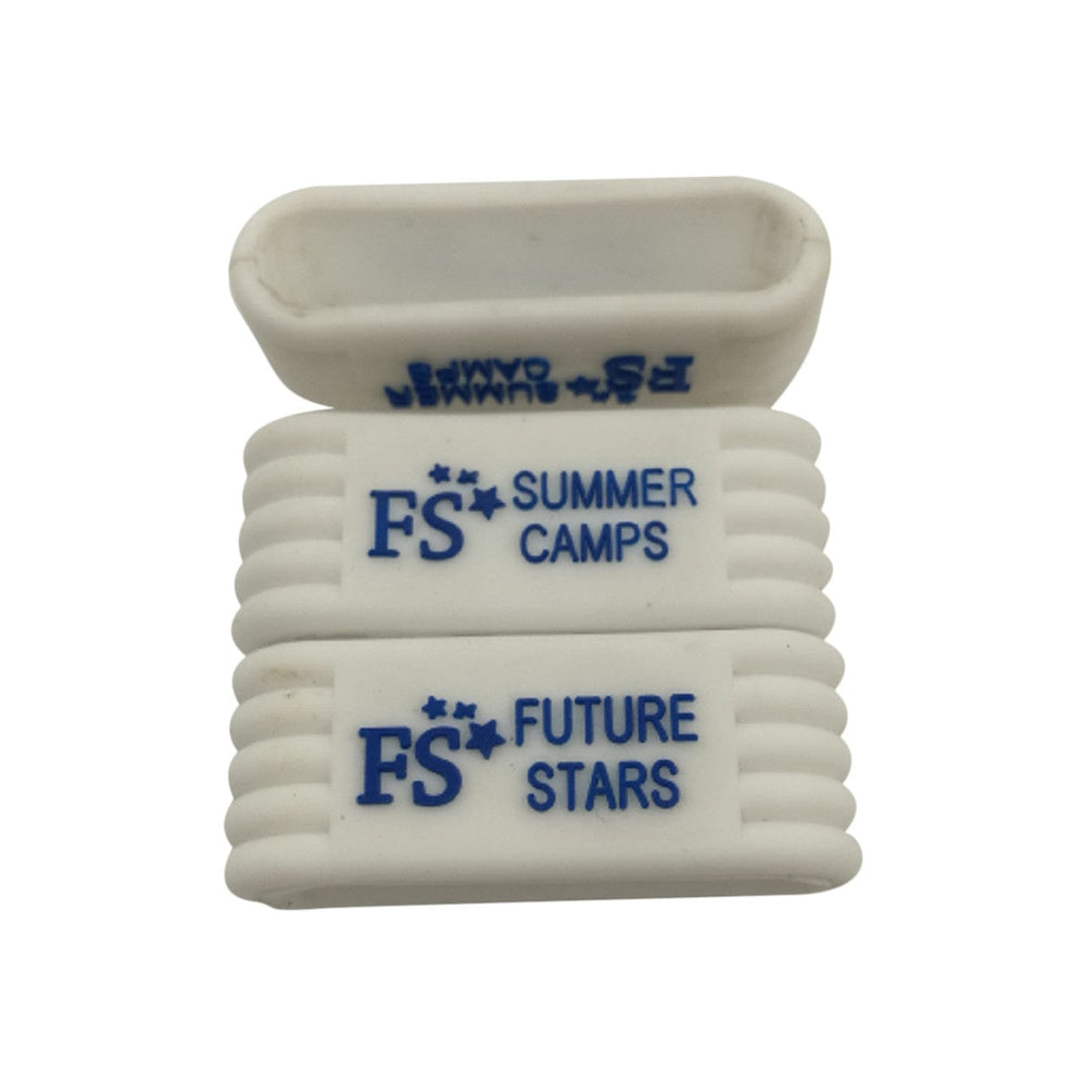 Grooved white pickleball bands with the client's summer camp logo, motto, and name.