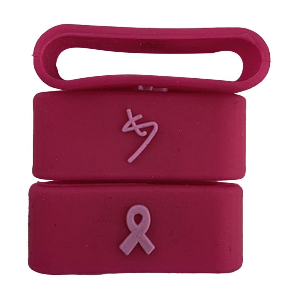 Custom red pickleball bands with client logo and Breast Cancer Awareness ribbon printed in pink.