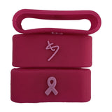 Custom red pickleball bands with client logo and Breast Cancer Awareness ribbon printed in pink.