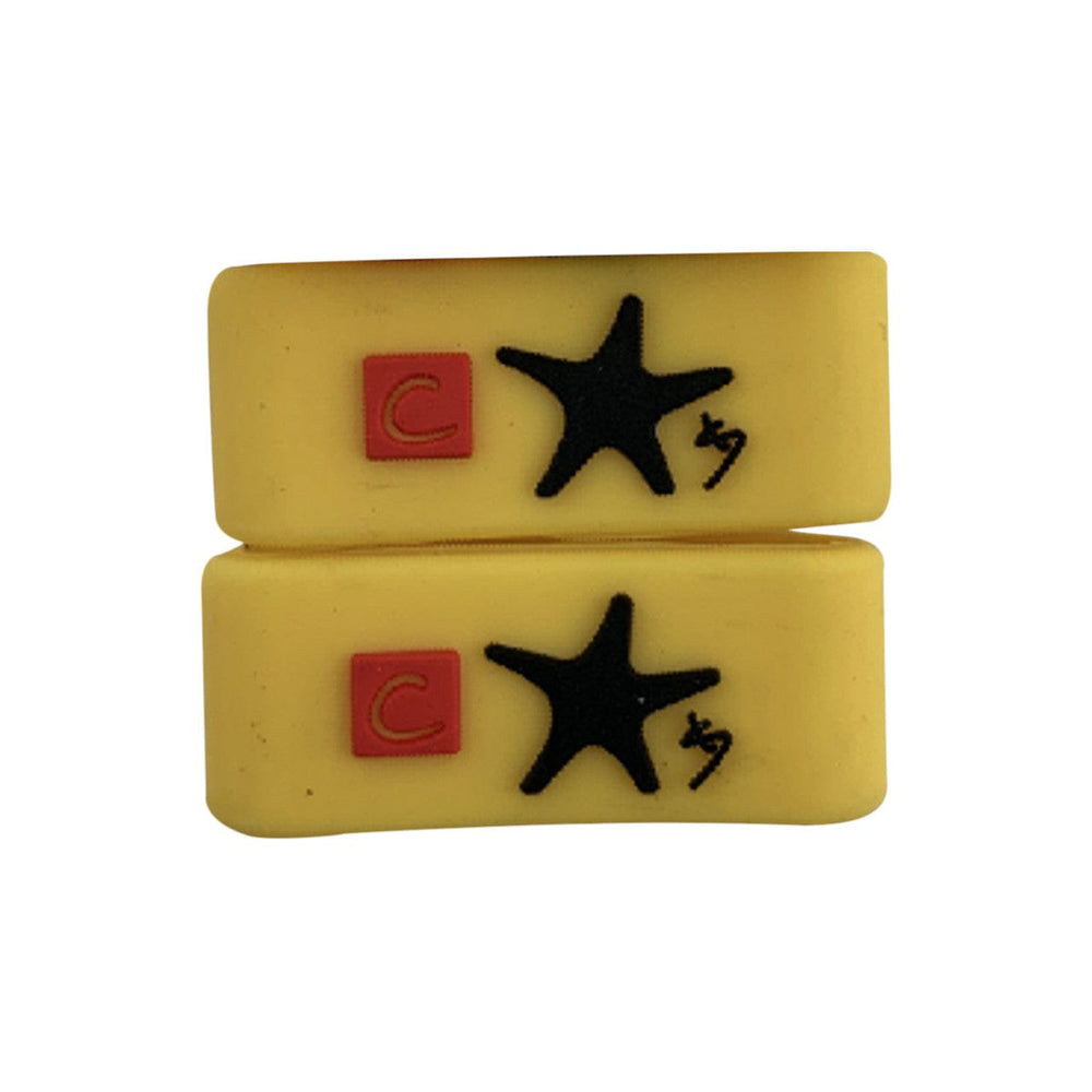 Smooth yellow custom pickleball grip bands with client logos in black and red.