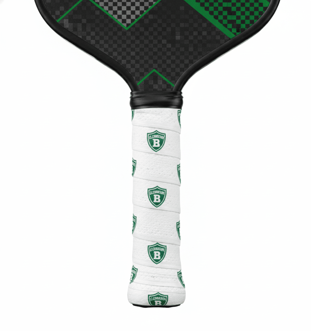 White custom pickleball overgrip printed with a repeating green shield crest logo on a paddle handle.