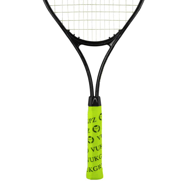 Neon yellow tennis grip tape with custom client logo and company name printed in bold letters.