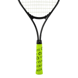 Neon yellow tennis grip tape with custom client logo and company name printed in bold letters.