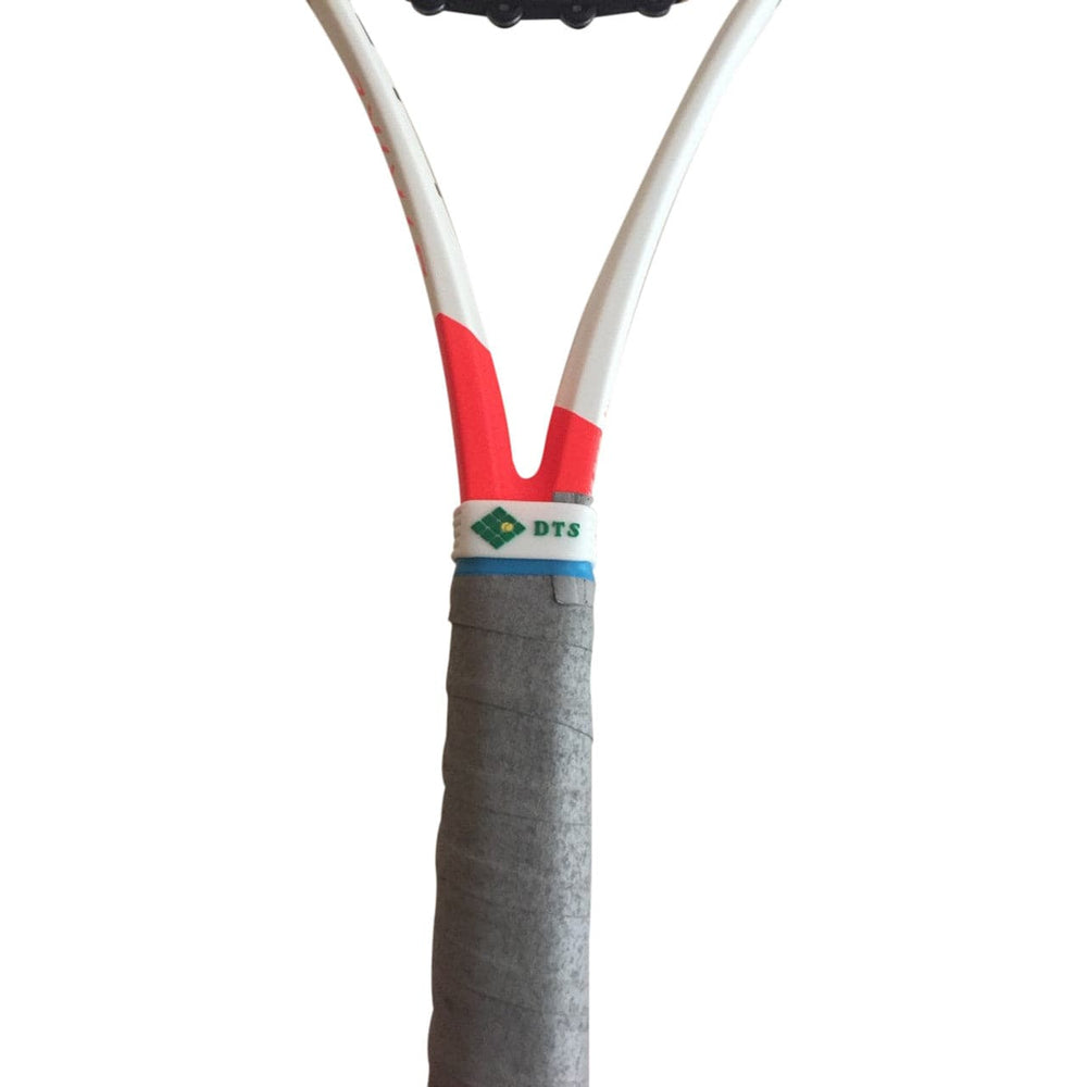 A pickleball racket handle with a custom grip band with the client's logo.