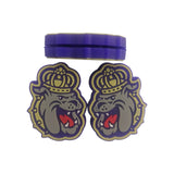 Two custom vibration dampeners shaped like the team's bulldog mascot.