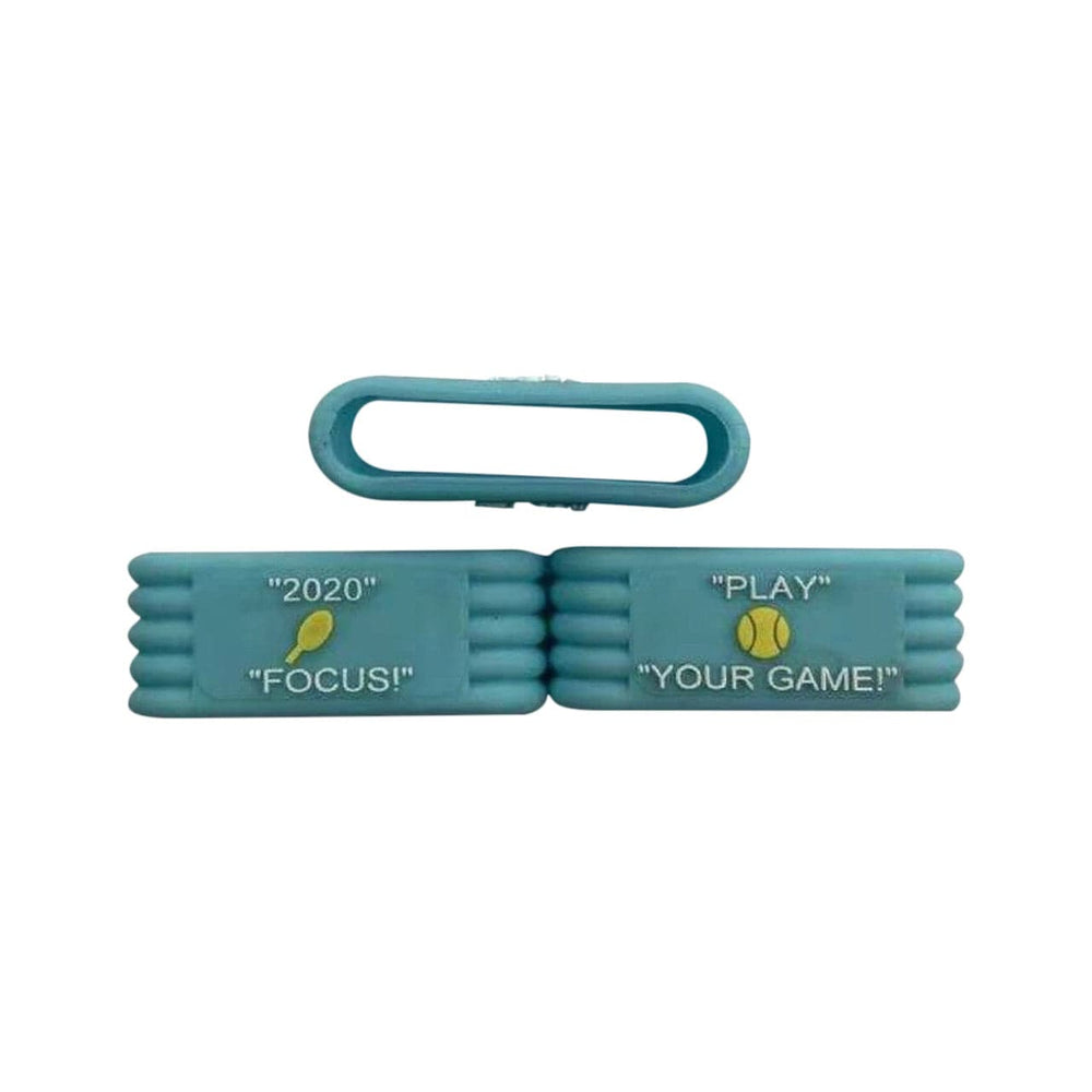 Light blue grooved custom pickleball bands with text and icons printed.