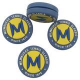 Blue custom vibration dampeners printed with the Milwaukee Tennis Classic logo and "Since 1975".