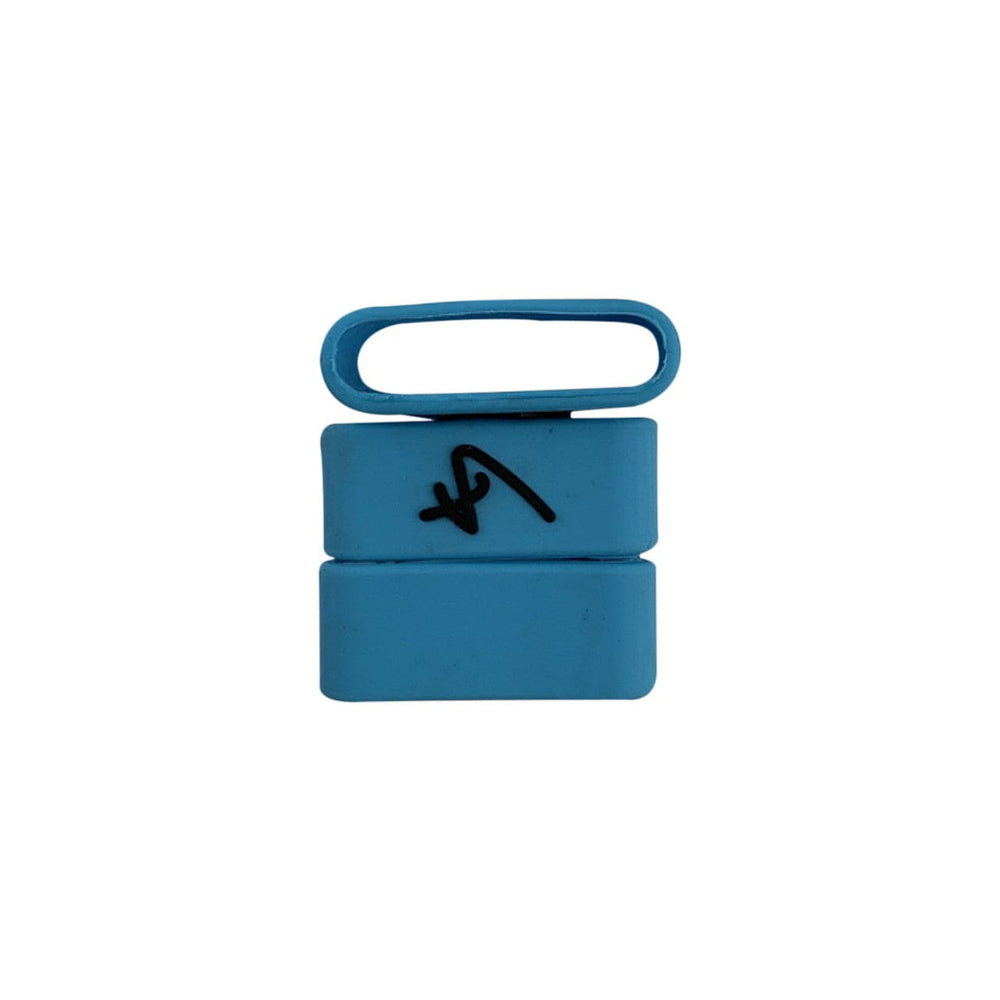 Custom smooth blue pickleball grip band with client logo printed in black.