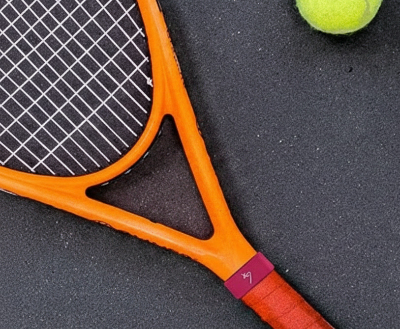 Orange tennis racket with custom band