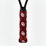 Crimson custom tennis overgrip printed with a repeating white Oklahoma "OU" logo on a racket handle.