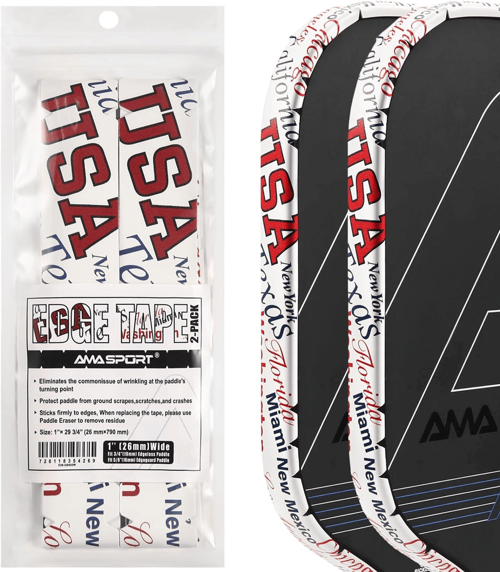 White custom pickleball edge tape printed with a USA cities design, shown in packaging and applied to paddles.
