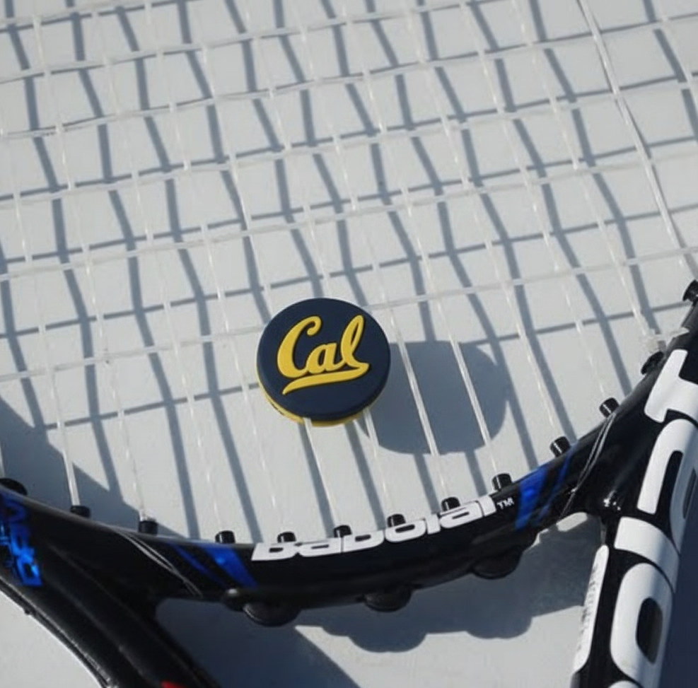 Black and white tennis racket with a custom tennis dampener.