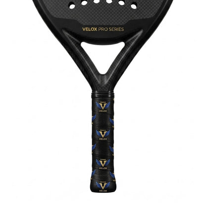 Padel racket with a black custom overgrip printed with a repeating gold and blue winged club logo.
